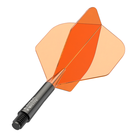 Red Dragon Nitroflite zwarte schacht oranje flights nr. 2 Auf dem Bild ist ein schwarzer Dartschaft mit orangefarbenen Flights zu sehen. Es handelt sich um ein Zubehör für Dartpfeile.