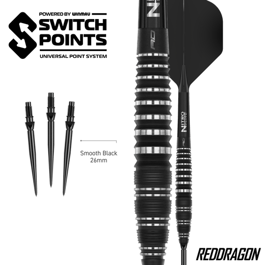 Zu sehen sind die Red Dragon Sable Bomb Switch Point Steeldarts. Die Darts sind robust und für präzises Spiel konzipiert.