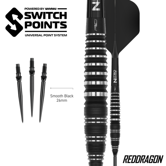 Red Dragon Sable Bom Schakelpunt Stalen Darts Zu sehen sind die Red Dragon Sable Bomb Switch Point Steeldarts. Die Darts sind robust und für präzises Spiel konzipiert.