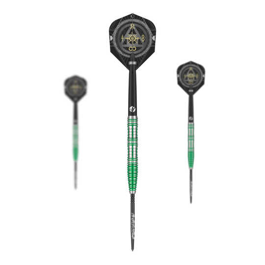Shot Alchemy Mythril Turbo Point Steeldarts Zu sehen ist ein Set Shot Alchemy Mythril TurboPoints Steeldarts. Die Darts sind zusammen abgebildet.