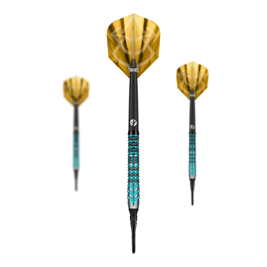 Das Bild zeigt die Shot Alchemy Volta Softdarts mit einem Gewicht von 20g. Die Darts sind für das Softdartspiel geeignet.