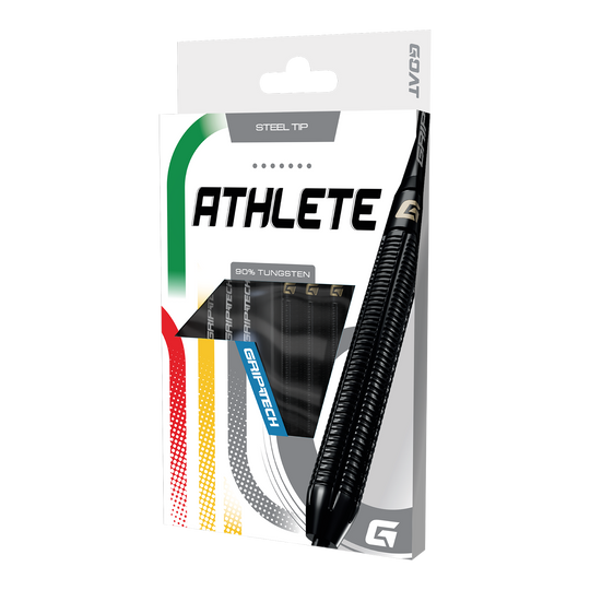 GOAT Athlete zwarte wolfraamstalen dartpijlen Das Produkt GOAT Athlete Black Tungsten Steeldarts wird gezeigt. Die Darts sind für professionelle Spieler geeignet und in Schwarz gehalten.
