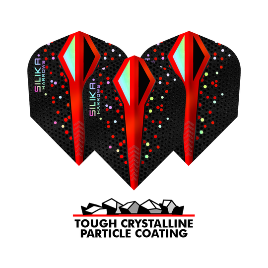 Das Bild zeigt drei Harrows Silika Colourshift Tough Crystalline Coating Red No6 Flights mit auffälligem roten und schwarzen Design. Unten im Bild steht der Schriftzug "Tough Crystalline Particle Coating" neben einer Grafik mit Kristallen.