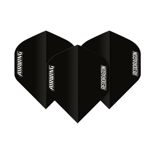 Das Bild zeigt drei schwarze Dart-Flights mit der Aufschrift "AIRWING" und "REDDRAGON". Die Flights haben eine Standardform und ein schlichtes, elegantes Design.