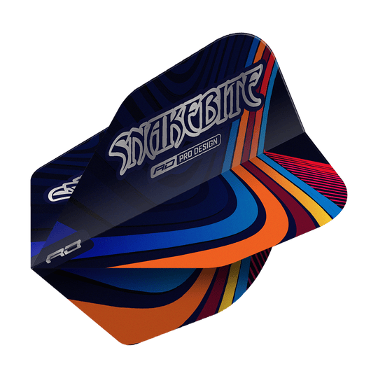 Red Dragon Peter Wright Snakebite Multi Swirl No6 Vluchten Das Bild zeigt ein Dartflight mit dem Namen "Red Dragon Peter Wright Snakebite Multi Swirl No6 Flights". Das Flight-Design ist bunt mit geschwungenen Linien in Blau, Orange, Rot und Gelb, und trägt die Aufschrift "Snakebite".