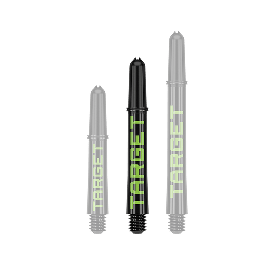 Target Pro Grip TAG Shafts - 3 Sets - Zwart Groen Auf dem Bild sind drei schwarze Dartschäfte in verschiedenen Längen zu sehen. Auf jedem Schaft steht das Wort "TARGET" in grüner Schrift.