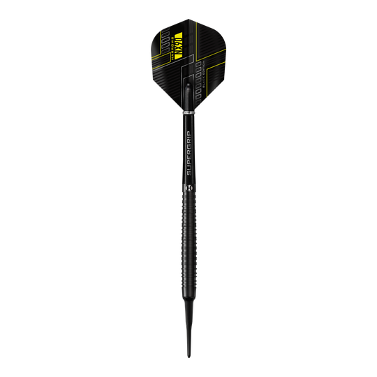 Harrows NX90 Black Edition zachte darts Das Bild zeigt einen Harrows NX90 Black-Edition Softdart. Der Dart ist schwarz mit gelben Akzenten und hat ein modernes, technisches Design.