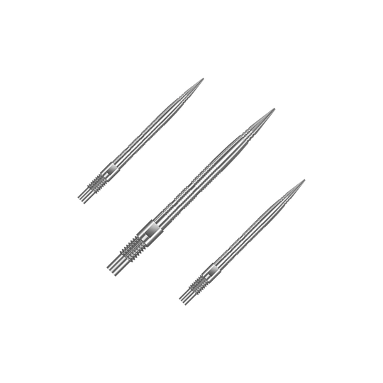 Eine Verpackung mit mehreren Harrows Quick Point MicroRidge Dartspitzen in Silber mit 26 mm Länge ist abgebildet. Die Dartspitzen sind zur besseren Ansicht gruppiert.