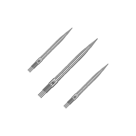 Harrows Quick Point Micro Ridge Dart Tips - Zilver Eine Verpackung mit mehreren Harrows Quick Point MicroRidge Dartspitzen in Silber mit 26 mm Länge ist abgebildet. Die Dartspitzen sind zur besseren Ansicht gruppiert.