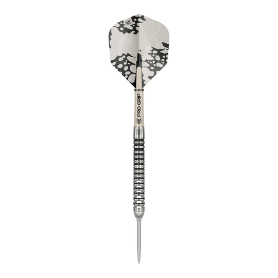 Target EXO SP01 Swiss Point stalen dartpijlen Das Bild zeigt einen Target EXO SP01 Swiss Point Steeldart. Der Dartpfeil hat ein schwarz-silbernes Design mit einer auffälligen schwarz-weißen Flight.