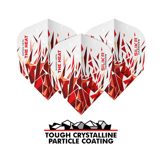 Das Bild zeigt die Harrows Silika Damon Heta 2 Dart-Flights mit auffälligem, rot-weißem Kristalldesign. Unten steht der Schriftzug "Tough Crystalline Particle Coating".
