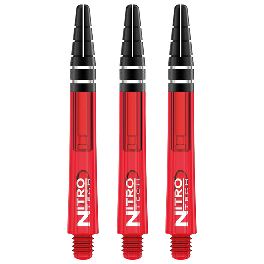 Das Bild zeigt drei rote RedDragon Nitrotech Shafts für Dartpfeile. Auf jedem Schaft steht in weißen Buchstaben "NITRO TECH".