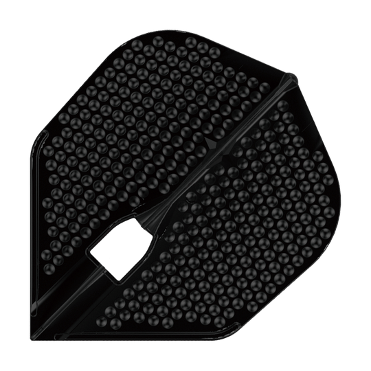 Das Bild zeigt ein schwarzes Dart-Flight mit Noppenstruktur. Es handelt sich um das Modell "L-Style Flights Dimple Champagne L3PRO Shape".