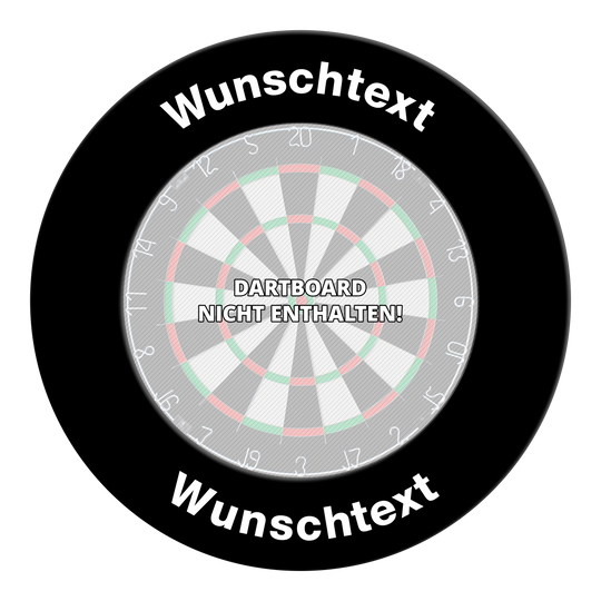 Surround mit Wunschdruck Hier ist das Produkt MC-2000_Dartboard_Surround_mit_Wunschdruck_Schwarz_Text_1 abgebildet. Es dürfte eine Dartboard-Umrandung mit individueller Beschriftung sein.