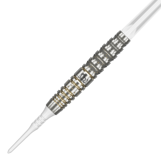 Das Bild zeigt einen Softdart der Produktreihe "Target Japan Prime Series Mayujo Morita GEN6" mit 18 Gramm Gewicht. Der Dart ist silbern mit goldenen Ringen und hat eine weiße Spitze.