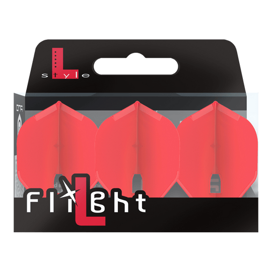 L-Style Champagne L1PRO Flights Auf dem Bild ist eine Verpackung mit drei roten Dartflights zu sehen. Die Marke „L-Style“ und der Schriftzug „Flight“ stehen auf der Vorderseite der Packung.