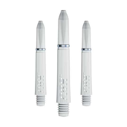 7011_102_Winmau_Pro-Force_Shafts_Weiss_35mm_1OkkvD74Ao3LmW Das Bild zeigt drei weiße Winmau Pro-Force Shafts für Dartpfeile. Die Shafts sind in unterschiedlichen Längen abgebildet und haben die Aufschrift "PRO FORCE".