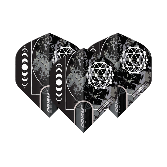 Winmau Prism Delta Callisto No2 Standaardvluchten Das Bild zeigt die Winmau Prism Delta Callisto No2 Standard Flights. Sie sind schwarz mit einem geometrischen weißen Muster und einer Mondphasen-Grafik gestaltet.