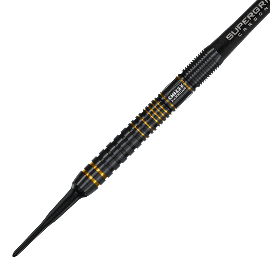 Das Bild zeigt einen Harrows Dave Chisnall Chizzy Series 3 Softdart. Der Dartpfeil ist schwarz mit goldenen Akzenten und hat ein geriffeltes Griffdesign.