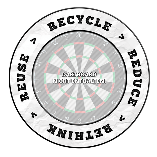 McDart Recyclen Verminderen Heroverwegen Hergebruiken Dartbord Omranding Dieses Bild wird als 'DBS-RRRR1_Surround_Recyle_Reuse_Reduce_Rethink_Schwarz_1' bezeichnet. Es zeigt vermutlich ein schwarzes Produkt, das auf Recycling und Nachhaltigkeit abzielt.