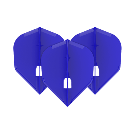 L-Style Champagne L3PRO Shape Flights Auf dem Bild sind drei blaue Dart-Flights zu sehen. Sie sind nebeneinander angeordnet und haben eine standardisierte, breite Form.