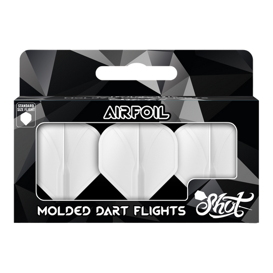 Shot Airfoil Molded No2 Standaard Vluchten Die Verpackung zeigt drei weiße, geformte Dart-Flights der Marke Shot. Auf der Vorderseite steht „Airfoil – Molded Dart Flights“ in großen Buchstaben.