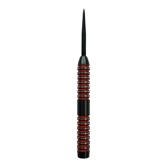 McDart Crimson Steeldart-vaten Das Bild zeigt einen McDart Crimson Steeldart Barrel mit schwarzem und rotem Design. Der Barrel hat eine gerillte Oberfläche für besseren Halt.