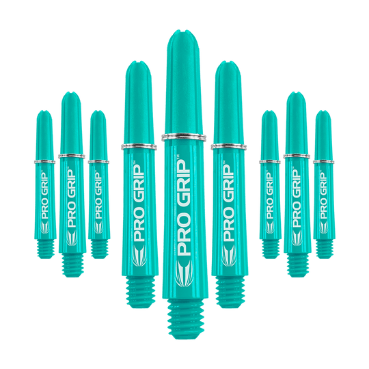 Target Pro Grip Shafts - 3 sets - Aqua Das Bild zeigt neun türkisfarbene Dartschäfte mit der Aufschrift "PRO GRIP". Die Schäfte sind in einer Gruppe angeordnet und haben silberne Ringe.