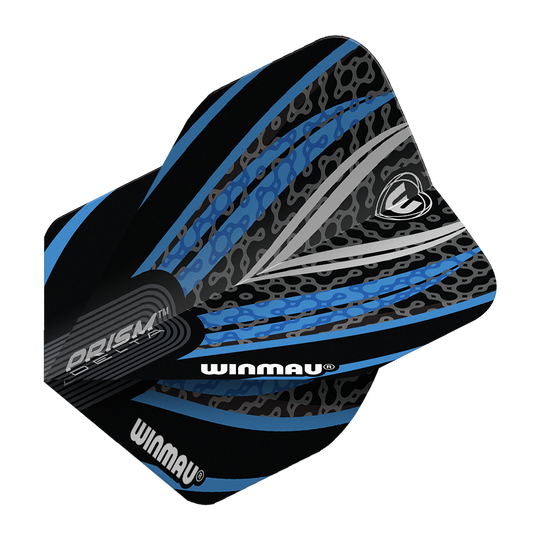Winmau Prism Delta Zwart Wit Blauw Nr. 2 Standaardvluchten Das Bild zeigt ein Winmau Prism Delta Standard Dartflight in den Farben Schwarz, Weiß und Blau. Das Flight hat ein modernes, grafisches Design mit dem Winmau-Logo und auffälligen Mustern.
