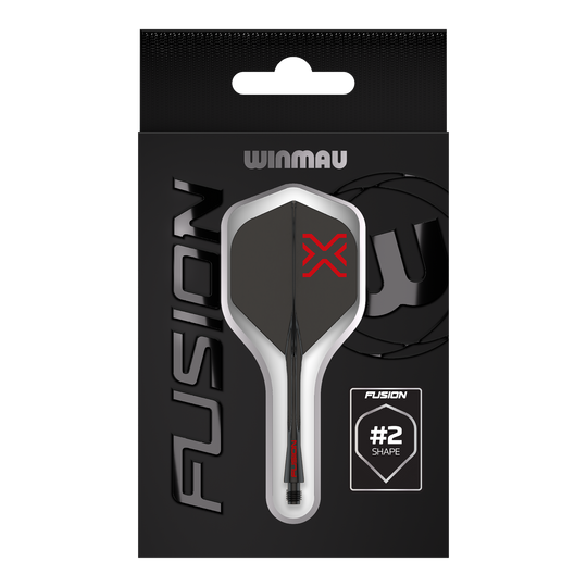 Das Bild zeigt das Winmau Fusion Blade X No2 Standard Flight-Shaft-System in Schwarz. Es verbindet ein Flight mit einem Schaft in elegantem, schwarzem Design.