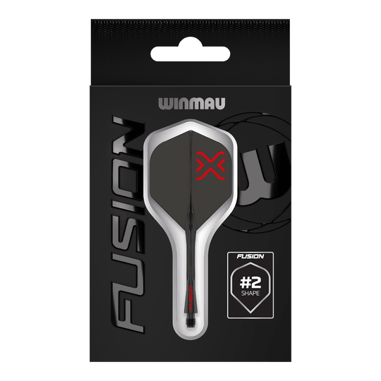 Winmau Fusion Blade X No2 standaard flight shaft systeem - zwart Das Bild zeigt das Winmau Fusion Blade X No2 Standard Flight-Shaft-System in Schwarz. Es verbindet ein Flight mit einem Schaft in elegantem, schwarzem Design.
