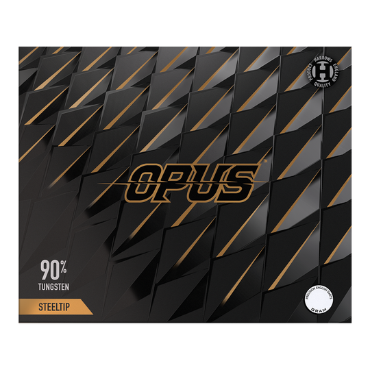 Harrow's Opus Quick Point stalen dartpijlen Gezeigt wird das Produkt Harrows Opus Quick Point Steeldarts - 23g. Diese Darts sind speziell für Präzisionswürfe entwickelt.