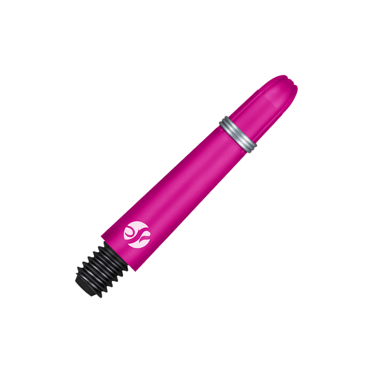 Das Bild zeigt einen pinkfarbenen Dartshaft mit Schraubgewinde. Der Schaft hat einen silbernen Ring und ein weißes Logo.