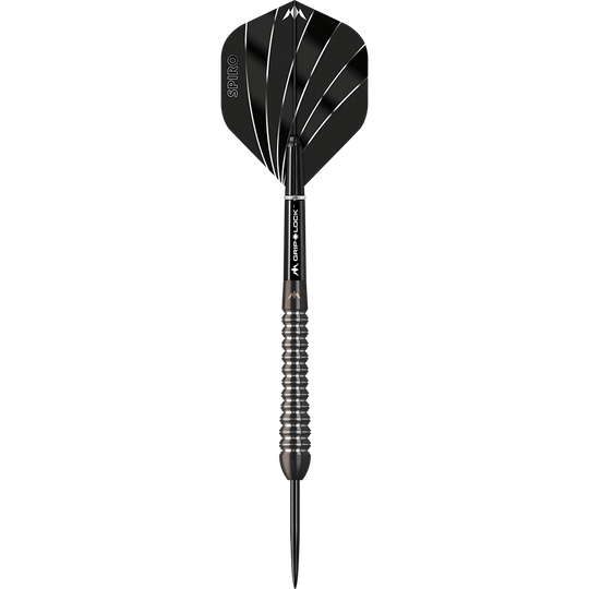 Mission Spiro Model 2 stalen darts - 22g Dies ist ein Mission Spiro Model 2 Steeldart mit einem Gewicht von 22 Gramm. Der Dart hat ein modernes Design mit schwarzen und silbernen Akzenten.