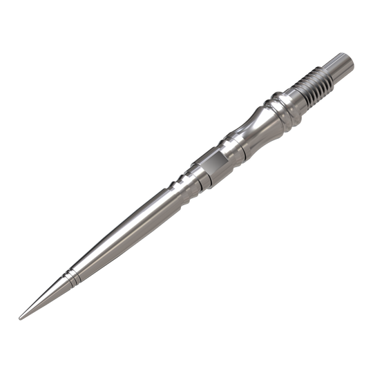 Das Bild zeigt Harrows Quick Point Apex Axis Elite Series Dartspitzen in Silber. Die Spitzen sind nebeneinander angeordnet.