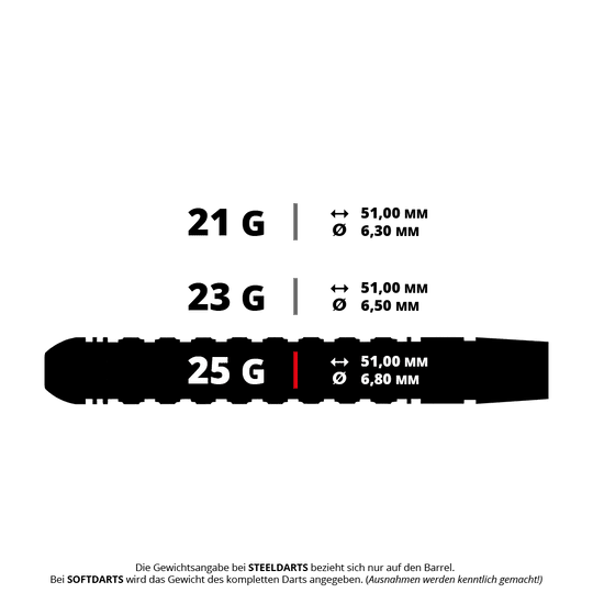 Das Bild zeigt drei verschiedene Gewichte für Steeldarts: 21g, 23g und 25g, jeweils mit den entsprechenden Maßen. Für alle drei Varianten beträgt die Länge 51,00 mm, der Durchmesser variiert je nach Gewicht.