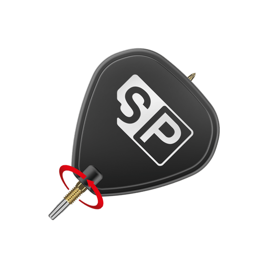 Target Swiss Point DX darttips - goud Das Bild zeigt eine schwarze Dartspitze mit der Aufschrift "SP" in weißen Buchstaben. Ein roter Pfeil deutet auf eine Drehbewegung an der goldenen Spitze hin.