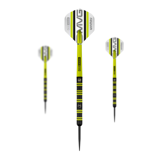Winmau Michael Van Gerwen 85 Pro-Series stalen dartpijlen Das Bild zeigt drei Winmau Michael Van Gerwen 85 Pro-Series Steeldarts. Die Darts sind schwarz-gelb gestaltet und haben Flights mit dem Schriftzug "MVG" und "Winmau".