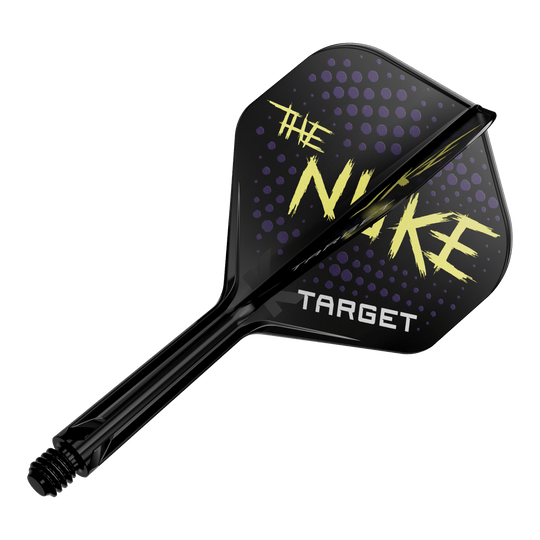 Target K-Flex Luke Littler Black No2 Standaard Vluchtsysteem Das Bild zeigt einen schwarzen Dartflight mit dem Schriftzug "THE NUKE" und "TARGET" darauf. Der Hintergrund des Flights ist mit lila Punkten verziert.
