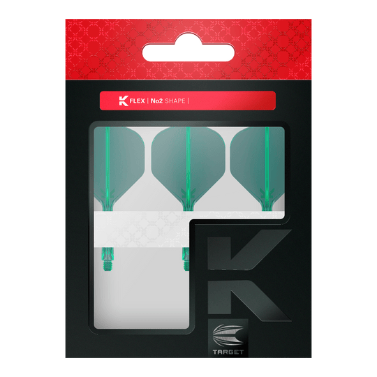 Target K-Flex No2 Standaard Vluchtsysteem - Groen Dies ist eine Packung mit drei grünen Dartflights der Marke Target. Die Verpackung ist schwarz mit einem roten oberen Rand und einem Sichtfenster.