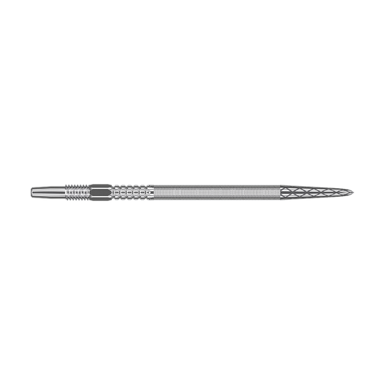 Target Swiss Point DX darttips - Zilver Das Bild zeigt eine silberne Dartspitze mit feinen Rillen und Muster. Die Spitze ist lang und schmal gestaltet.
