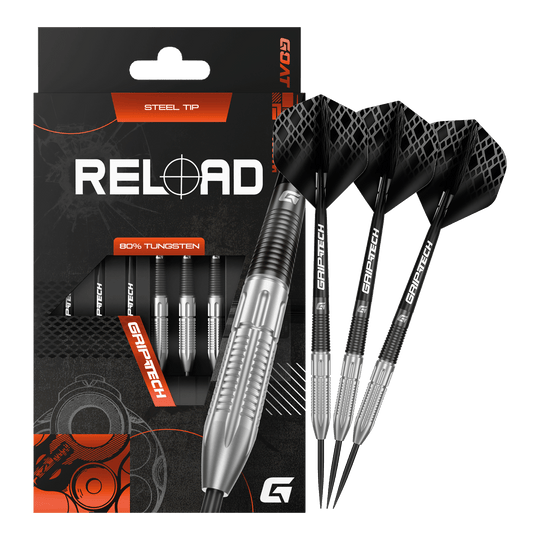 Auf dieser Aufnahme sind die GOAT Reload Steeldarts abgebildet. Es handelt sich um hochwertige Steeldarts für das Dartspiel.
