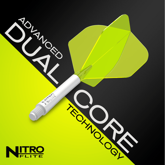 Red Dragon Nitroflite - Witte Schacht Geel No2 Vluchten Das Bild zeigt das Produkt "Red Dragon Nitroflite - White Shaft Yellow No2 Flights" mit einem weißen Schaft und gelben Flights. Im Hintergrund steht der Text "Advanced Dual Core Technology".