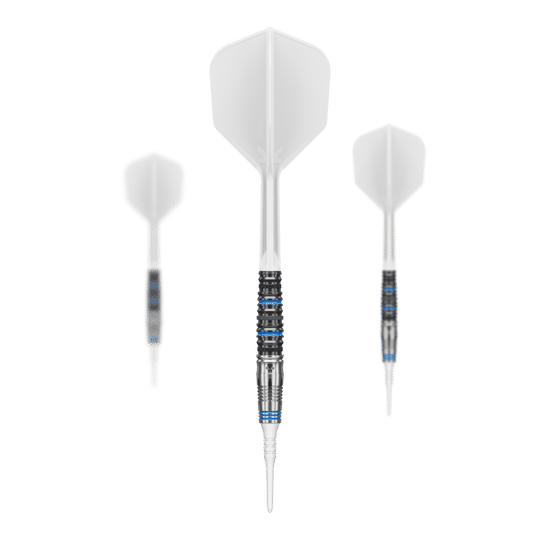 Das Bild zeigt drei Softdarts mit weißen Flights und silber-blau-schwarzen Schäften. Es handelt sich um das Produkt "Target Japan Airi Hirano Charm Kanon GEN4 Softdarts - 17,5g".