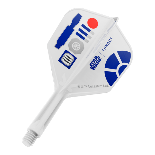 Target Star Wars K-Flex R2D2 No6-vluchten Das Bild zeigt Dart-Flights mit einem R2D2 Motiv und der Bezeichnung 410510_Target_StarWars_KFlex_R2D2_No6_Flights_Short_19mm_1. Es handelt sich um kurze Dart-Flights im Star Wars Stil.