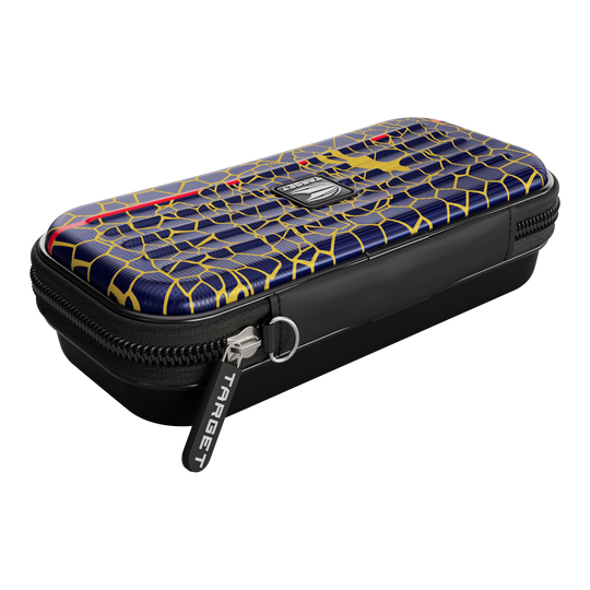 Target Takoma Josh Rock dartkoffer Das Bild zeigt ein Target Takoma Josh Rock Dartcase. Das Etui hat ein auffälliges Muster in Blau und Gelb mit einem schwarzen Reißverschluss.