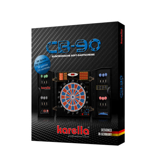 Elektronisch dartbord CB 90 toernooiversie Auf dem Bild ist die Verpackung einer elektronischen Dartscheibe "CB 90 Turnierausführung" von Karella zu sehen. Die Dartscheibe bietet 38 Spiele mit 210 Varianten und ist "Designed in Germany".