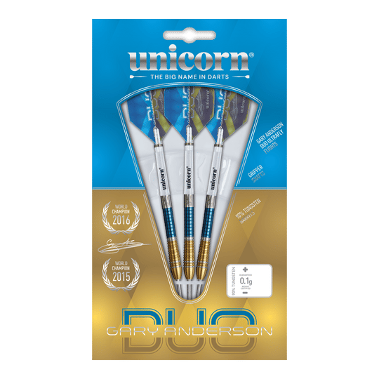 Das Bild zeigt die "Unicorn Gary Anderson Duo Phase 6 Steeldarts" in ihrer Verpackung. Die Darts sind in Blau und Gold gestaltet und werden als Profi-Darts beworben.