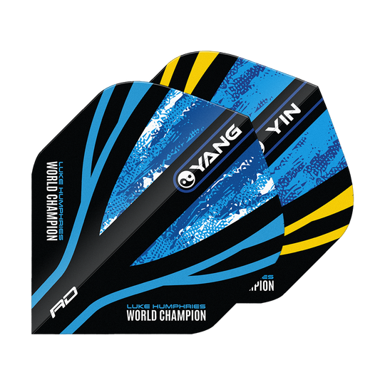 Rode Draak Luke Humphries Wereldkampioen Blauw Goud Yin Yang Standaardvluchten Das Bild zeigt die "Red Dragon Luke Humphries World Champion Blue Gold Yin Yang Standard Flights". Die Flights sind in Blau, Schwarz und Gelb gestaltet und tragen die Aufschrift "World Champion" sowie "YIN" und "YANG".