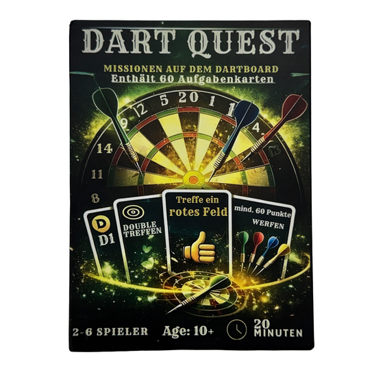 Dart Quest kaartspel Dieses Bild zeigt das Dart Quest Kartenspiel. Das Produkt ist für unterhaltsame Spielabende geeignet.